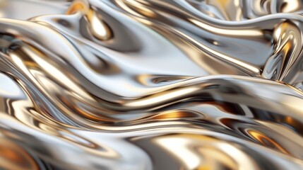 Wavy golden and silver liquid metal creating a beautiful abstract pattern, perfect for backgrounds and wallpapers