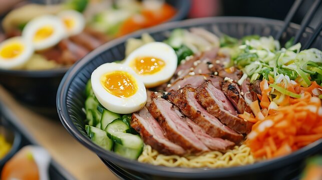 A close-up shot of a beautifully plated bowl of ramen, topped with sliced pork, boiled egg, and fresh vegetables, served at an Asian food stall during a cultural celebration festival 