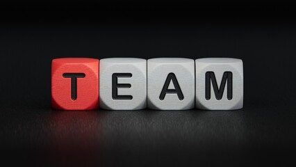 Obraz premium The hand puts a wooden cube with the letter T from the word Team. The word is written on wooden cubes.close up of wooden elements.3D rendering on black background.