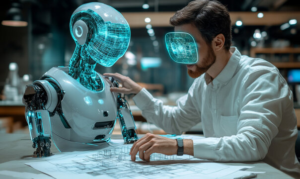 A creative professional and an AI robot collaboratively design an architectural blueprint