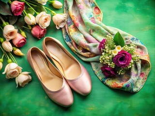Ballet Flats, Earrings, Flowers, Scarf - Flat Lay Architectural Photography