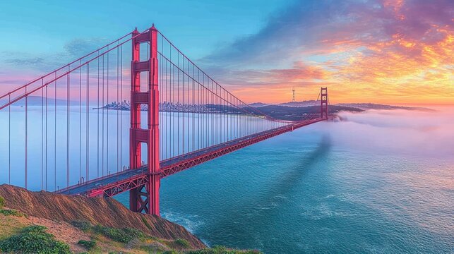 Golden Gate Bridge at Sunrise over Foggy Bay.