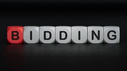 The word bidding written on wood cubes. Business and finance concept.close up of wooden elements,Business Concept.3D rendering on black background.