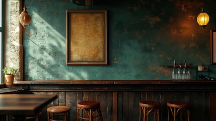A blank picture frame hanging on the old textured wooden wall in a cosy old english or irish pub
