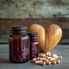 Two jars containing health supplements are placed next to a wooden heart on a rustic wooden surface. This arrangement highlights the importance of wellness and heart health