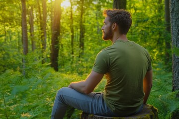 Obraz premium Young Man Sitting on Tree Stump in Lush Forest