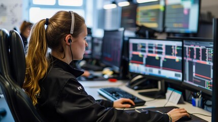 Fototapeta premium A woman works as an operator specialist in a computer data center in front of many monitors with charts and data