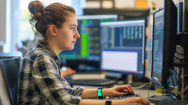 A woman works as an operator specialist in a computer data center in front of many monitors with charts and data