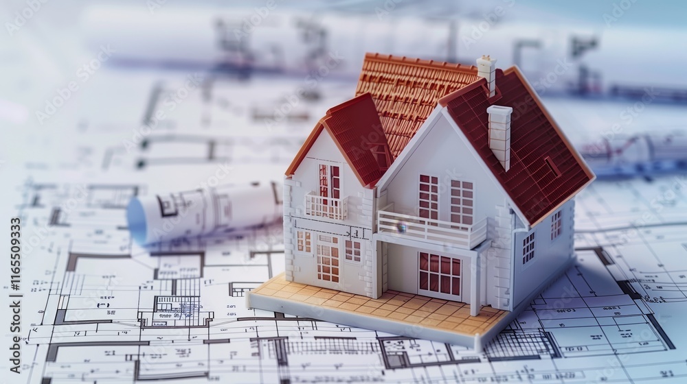 Wall mural 3d rendering project of new building model house on blueprint plan