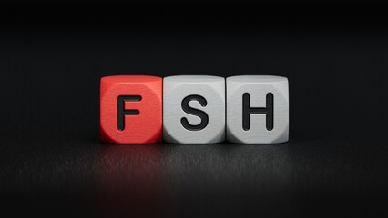 The word FSH is written on wooden cubes. Medical concept.close up of wooden elements,Business Concept.3D rendering on black background.