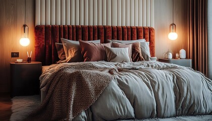 Fototapeta premium Plush bedroom setup with a velvet headboard soft throws and modern bedside lighting