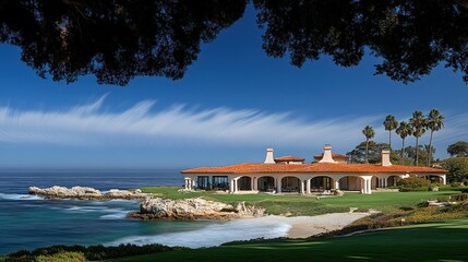 Obraz premium Coastal view of a luxurious beach house with palm trees.