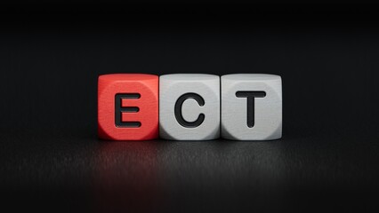 The word ECT is written on wooden cubes. Medical concept.close up of wooden elements,Business Concept.3D rendering on black background.