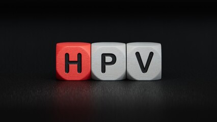 The word HPV is written on wooden cubes. Medical concept.close up of wooden elements,Business Concept.3D rendering on black background.