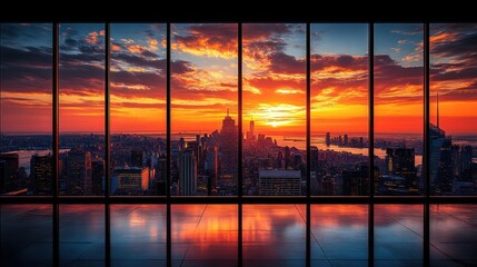 Fototapeta premium Stunning sunset cityscape view from panoramic windows.