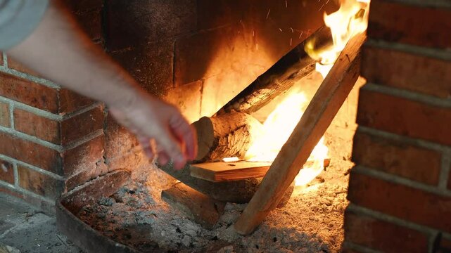 Echar le&ntilde;a al fuego. Poniendo un peque&ntilde;o tronco en la hoguera.