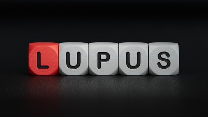 The word LUPUS is written on wooden cubes. Medical concept.close up of wooden elements,Business Concept.3D rendering on black background.