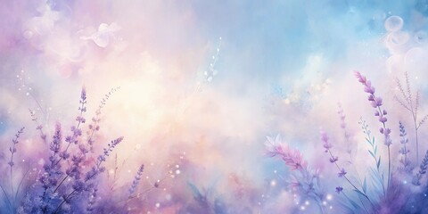 A Delicate Watercolor Painting of Lavender Flowers Set Against a Pastel Sky with a Soft, Dreamy Aesthetic
