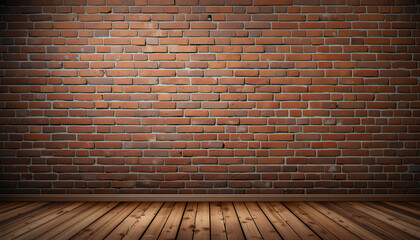 Rustic brown brick wall texture with a dark vignette effect and warm wooden floor planks, ideal for a vintage background or product display template.