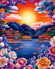 Vibrant Sunset over Traditional Chinese Landscape