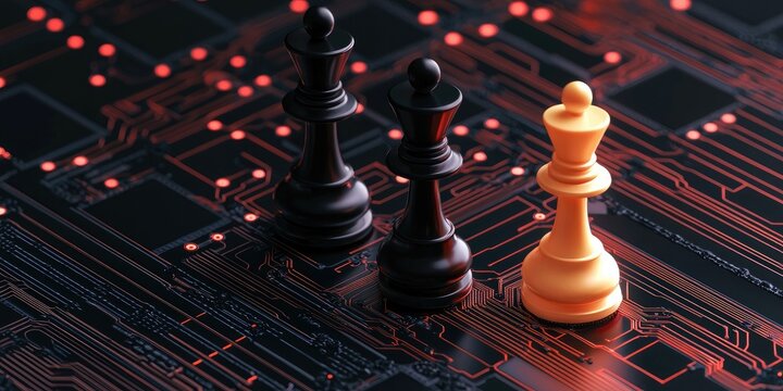 A chess theme featuring a black king, a black queen, and an orange pawn on a digital circuit board background.