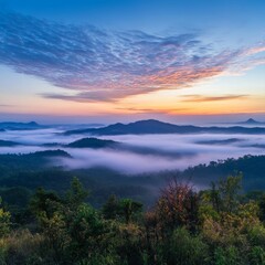 Obraz premium Beautiful Sunrise Sky with Sea of the mist or fog in the morning on Khao Luang mountain in Ramkhamhaeng National Park,Sukhothai province Thailand --v 6.1 Job ID: c0a7eb3a-3322-4762-ad8e-d747e803e87a