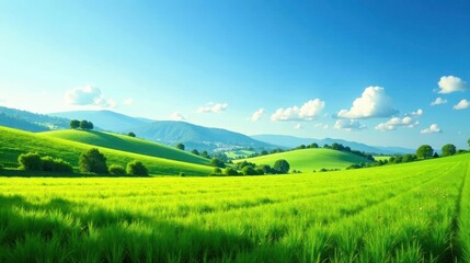 Fototapeta premium Serene Rolling Hills Under a Summer Sky, a Lush Green Meadow Stretches to the Horizon, Offering a Peaceful and Tranquil View