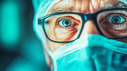 Close-up of a surgeon wearing a protective cap and glasses, deeply focused while performing a complex medical procedure in a sterile operating room