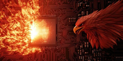 A fiery phoenix emerges from a circuit board, symbolizing the fusion of technology and mythical power.