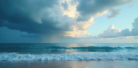 Obraz premium Serene Coastal Scene Dramatic Clouds Meet Tranquil Ocean Waves on Sandy Shore
