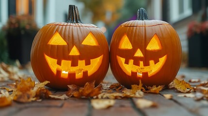 Illuminated Jack O Lanterns Amidst Autumn Leaves