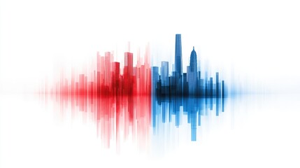 A stylized city skyline in red and blue, mirrored with soundwave effects, creating a vibrant urban aesthetic.