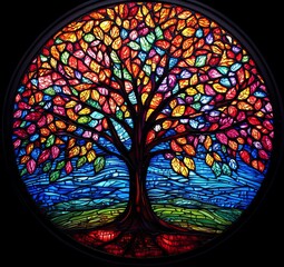 Vibrant colors in a circular stained glass window depicting a tree.