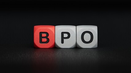 Three wooden cubes with the letters BPO.close up of wooden elements,Business Concept.3D rendering on black background.