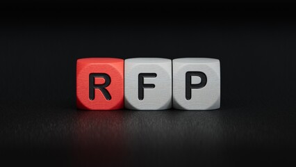 three wooden cubes with the letters RFP.the inscription on the cubes.close up of wooden elements,Business Concept.3D rendering on black background.