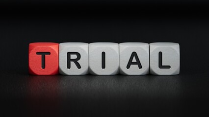 trial, word cube on wood background.close up of wooden elements,Business Concept.3D rendering on black background.