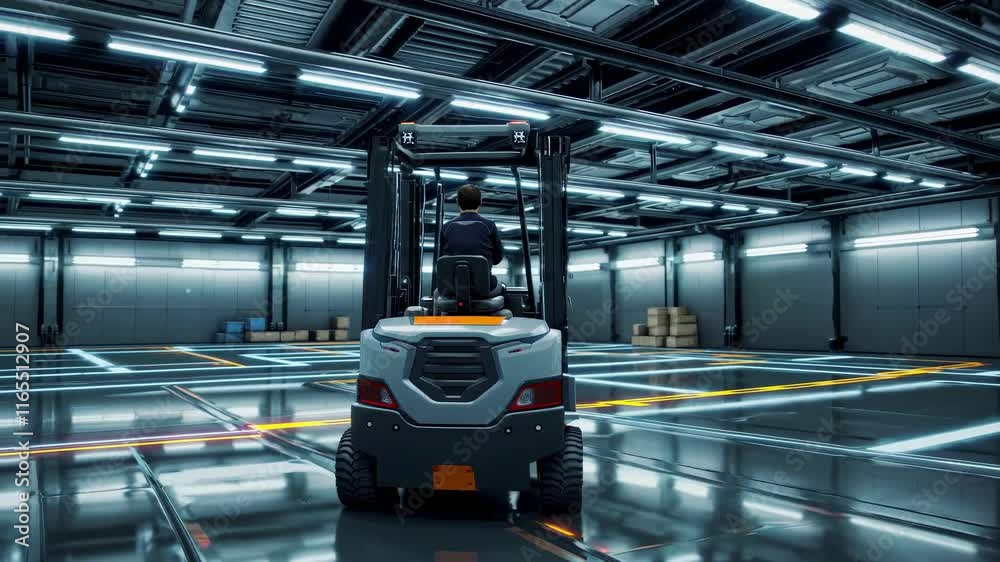 Fototapete Forklift operating in a high-tech warehouse with digital overlays and advanced technology integration