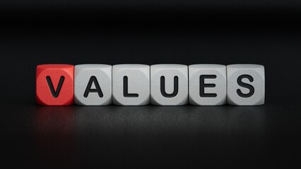 values word written on wood block.close up of wooden elements,Business Concept.3D rendering on black background. 
