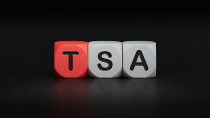 tsa concept on wooden cubes.close up of wooden elements,Business Concept.3D rendering on black background.