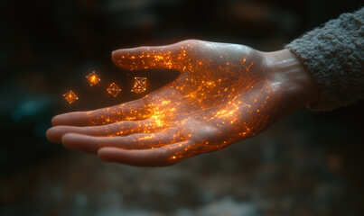 A futuristic quantum computer interface where a human hand interacts with floating, multi-dimensional quantum computational elements 