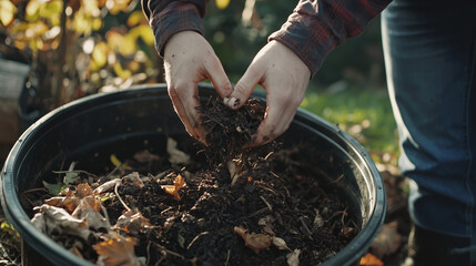 Obraz premium A person composting food scraps in a backyard compost bin, actively contributing to sustainable living. A simple, eco-friendly action promoting a greener environment and waste reduction.