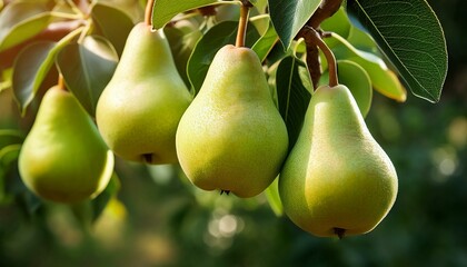 Fresh healthy green pear fruit hanging on the tree, close up