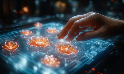 A futuristic quantum computer interface where a human hand interacts with floating, multi-dimensional quantum computational elements 