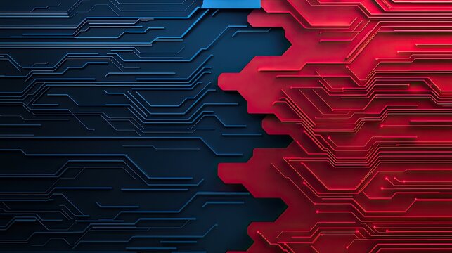 A visually striking abstract design featuring a blend of blue and red circuit patterns, symbolizing technology and innovation.