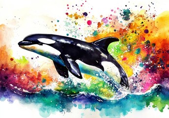 Unique watercolor representation of an orca swimming gracefully.