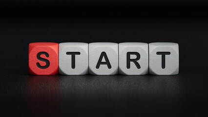 wooden cubes with the word start. To start a business, job, project or career concept.3D rendering on black background.