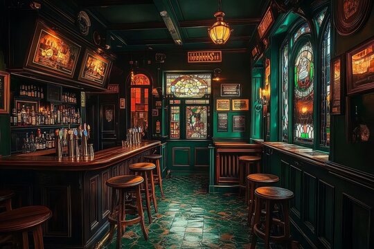 The charming ambiance of this Irish pub is emphasized by its green color palette.