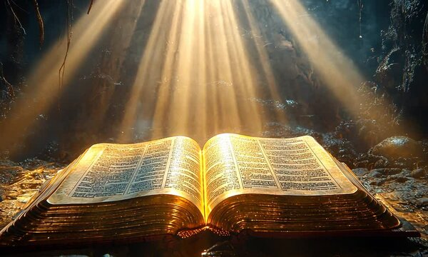 Ancient book illuminated by divine light in a mystical cave.