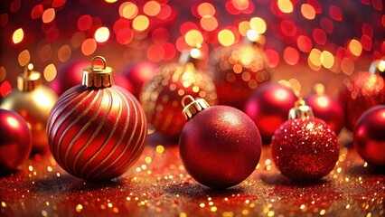 A collection of red and gold Christmas ornaments illuminated by a soft, warm glow, creating a festive and celebratory ambiance.