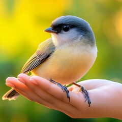 Fototapeta premium Bird Perched on Person's Hand in Soft Natural Light